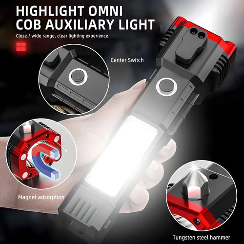 4-in-1 Rechargeable LED Torch Light with Tactical Hammer & Power Bank