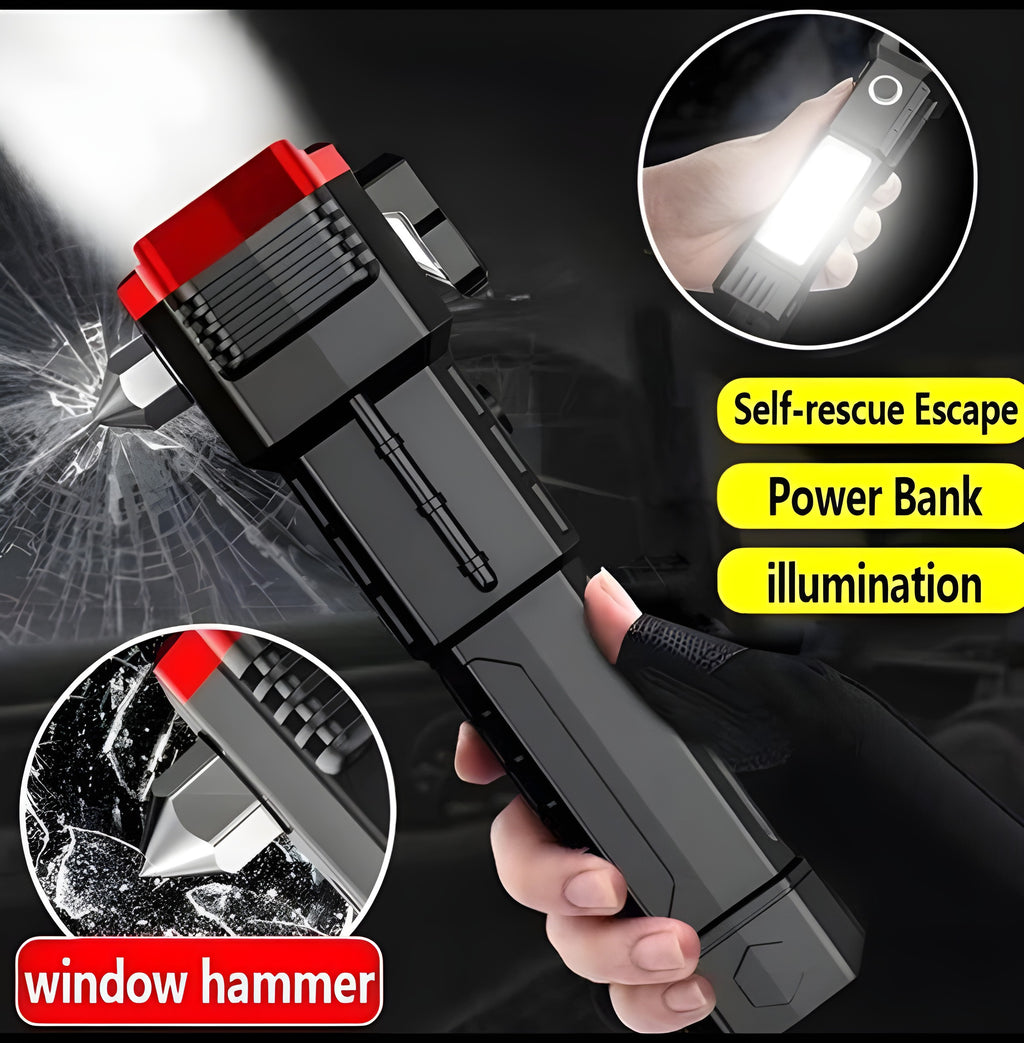 4-in-1 Rechargeable LED Torch Light with Tactical Hammer & Power Bank